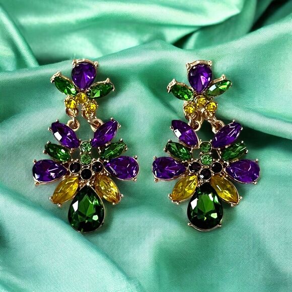 Mardi Gras Earrings, Glittery Rhinestone Party Jewelry - LARGE - Picture 2 of 5